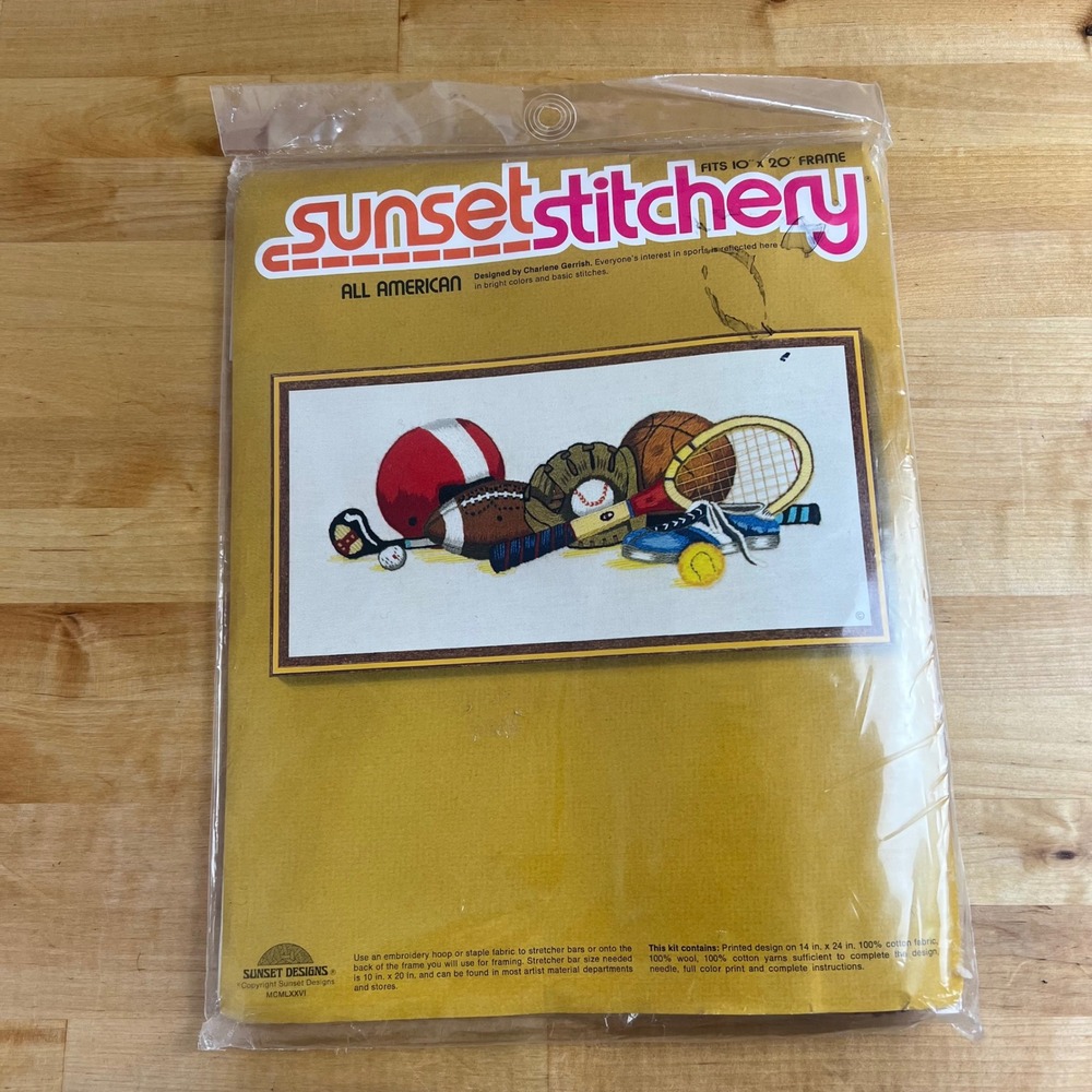 Vintage Embroidery Kit Sunset Stitchery 10x20 Sports NEW Cottage Craft